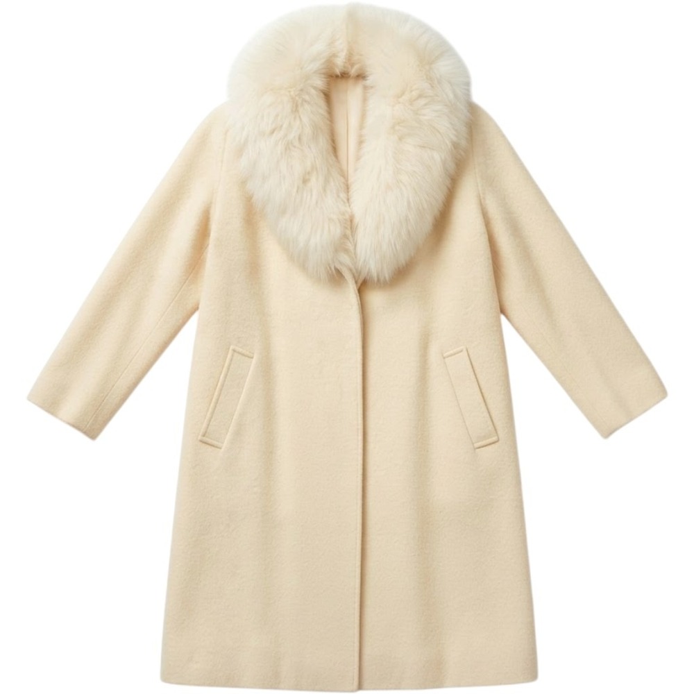Vintage C&A Canda Pure New Wool Coat Made in UK Cream Fur Collar Women's UK 10
